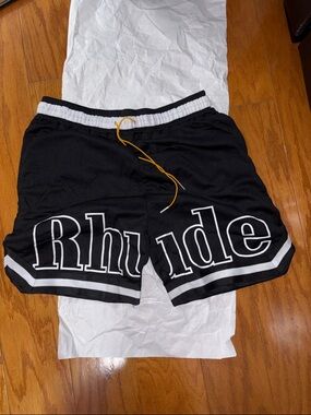 Rhude Black and White Logo Athletic Shorts with Yellow Drawstring